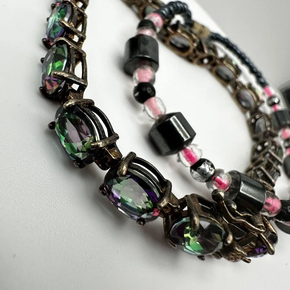 Vintage 90's Black & Pink Hematite Magnetic‎ Necklace & Wrap Bracelet Set Retro